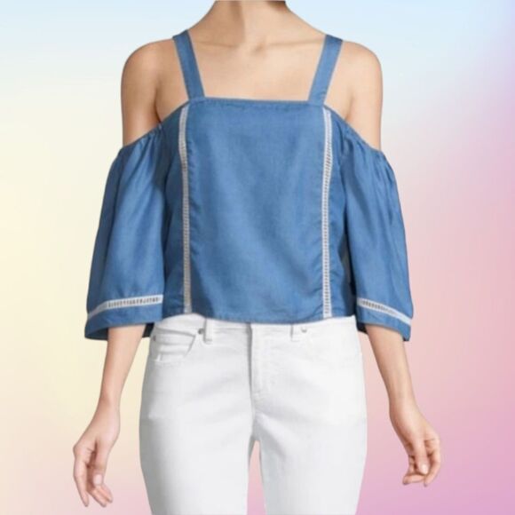 NWT LOVERS + FRIENDS Chambray Tencel Cold Shoulder Top M - Picture 8 of 8